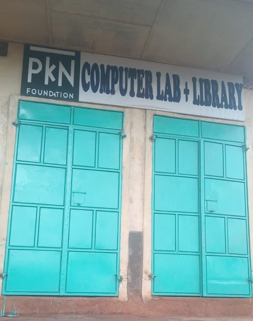 The freshly painted lab and library doors ready to open for the day.